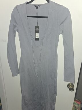 Fashion Nova Long Sleeve Deep V Ribbed Maxi Dress - Light Gray
